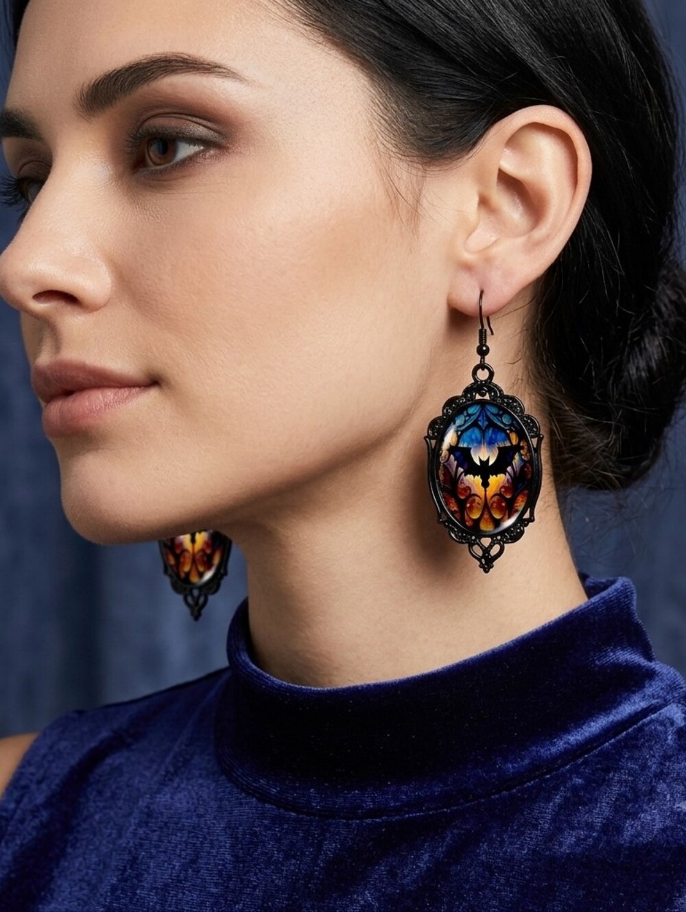 Vintage Cameo Style Gothic Bat Earrings‎ Glass Encased Alloy & Iron Hook